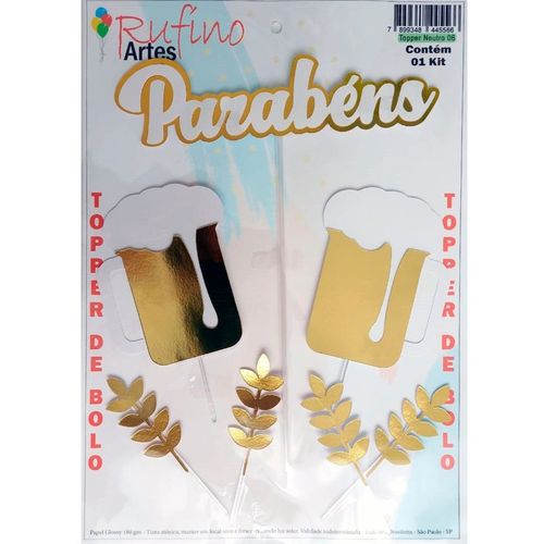Topo Parabéns 3d Metalizado Dourado/Branco Boteco Rufino Artes
