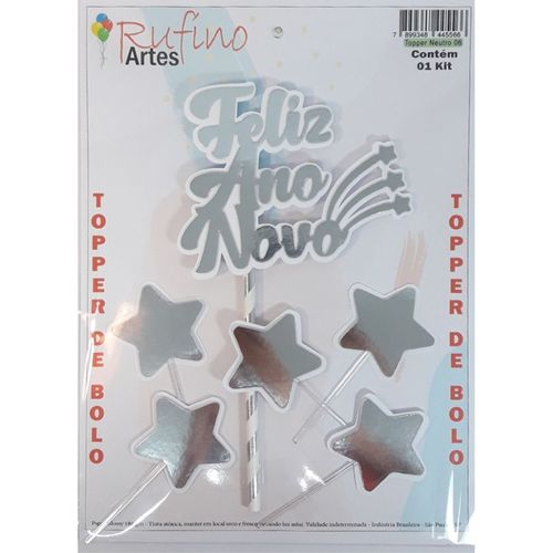 Topo Ano Novo 02 Metalizado Prata/Branco Rufino Artes