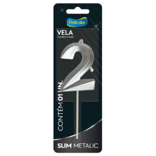 Vela Aniversário Slim Metalizada N 2 Prata Festcolor