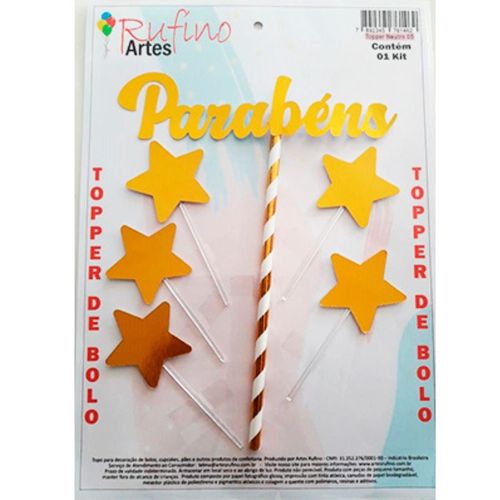 Topo Parabéns Metalizado Dourado Estrelas Rufino Artes
