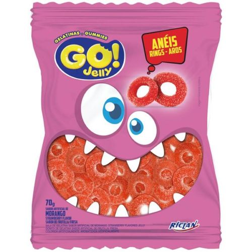 Bala Gelatina Aneis Morango 70 Gr Go Jelly