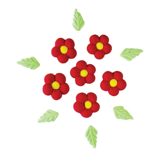 Biscuit Comestivel Flor Bolinha G Vermelha C/ 6 Flores E 6 Folhas (284) Jady