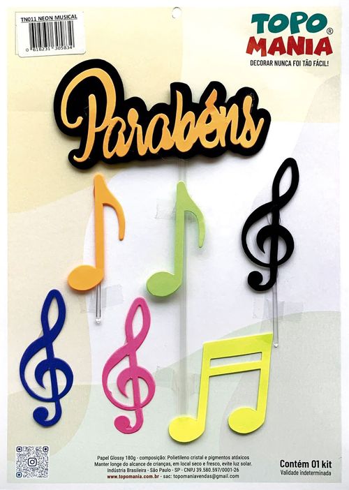Topo De Bolo Parabéns Neon Notas Musicais Topo Mania