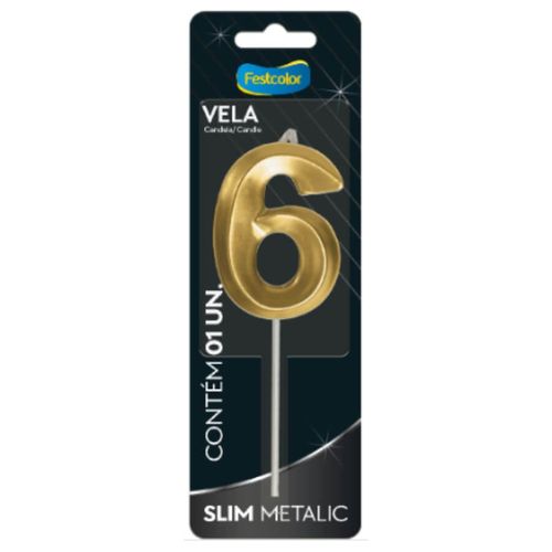 Vela Aniversário Slim Metalizada N 6 Ouro Festcolor