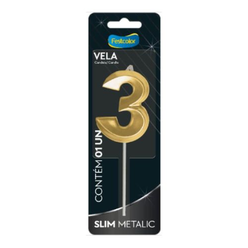 Vela Aniversário Slim Metalizada N 3 Ouro Festcolor
