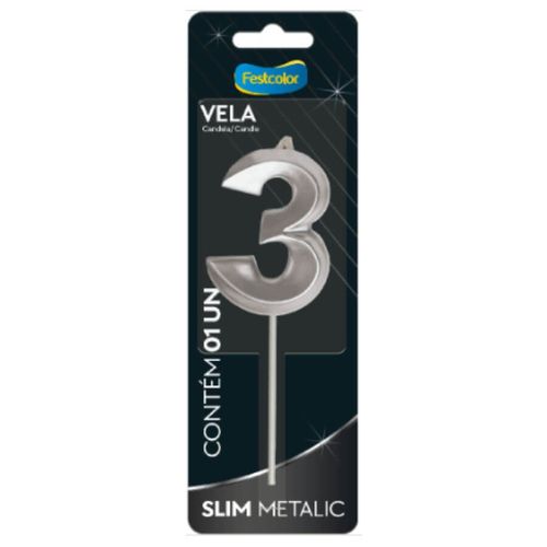 Vela Aniversário Slim Metalizada N 3 Prata Festcolor