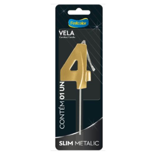 Vela Aniversário Slim Metalizada N 4 Ouro Festcolor