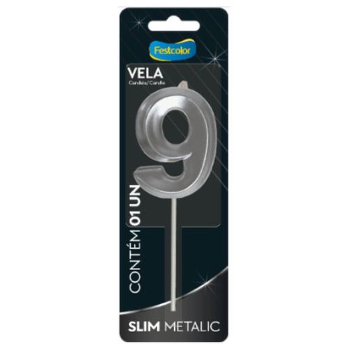 Vela Aniversário Slim Metalizada N 9 Prata Festcolor