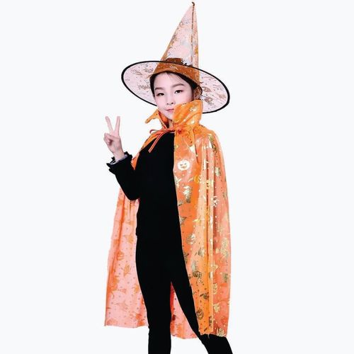 Capa E Chapeu Bruxa Halloween Laranja/Dourado 75 Cm (52309003) Flor Arte