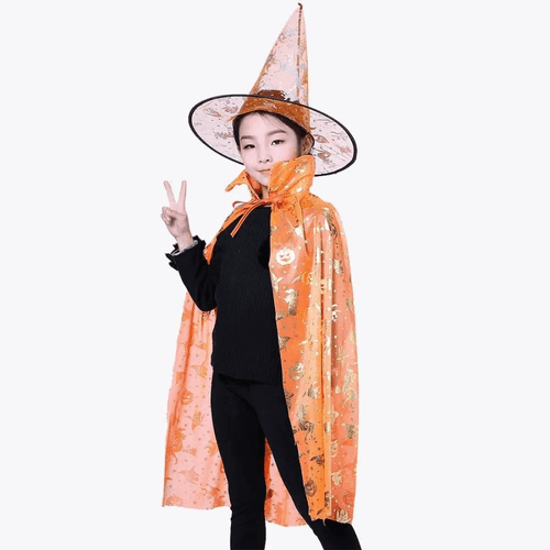 Capa E Chapeu Bruxa Halloween Laranja/Dourado 75 Cm (52309003) Flor Arte