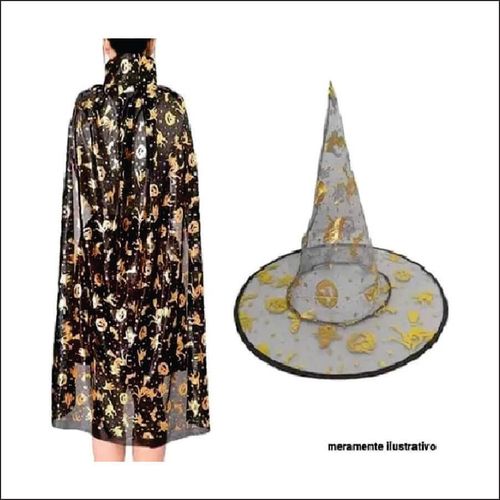 Capa E Chapeu Bruxa Halloween Preto/Dourado 75 Cm (52309002) Flor Arte