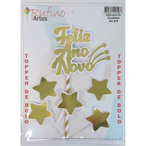 Topo Ano Novo 01 Metalizado Dourado/Branco Artes